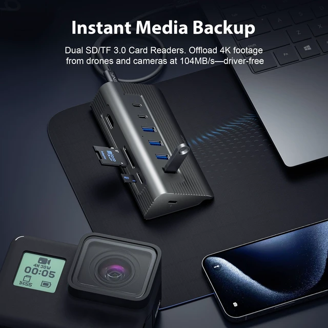 Alt view image 7 of 7 - TRENFI Aluminum 10 in 1 USB C Hub | Detachable Cable, 10Gbps Data Transfer, 4K 60Hz HDMI Video, 100W PD Input, SD microSD Slot