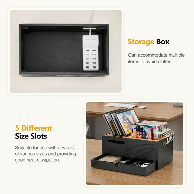Alt view image 5 of 7 - Homde Office Charging Station Organizer: 2 Layer Charger Holder (Black) | Bamboo Electronic Docking Stand for Multiple Devices Tablets Phones - Drawer for Home