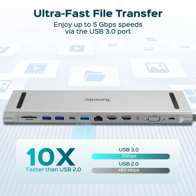 Alt view image 5 of 7 - BYL-2003U2 Universal Docking Station 12-in-1 USB-C Hub with 100W | Dual HDMI 4K@30Hz, VGA, Ethernet, SD/MicroSD Card Reader, USB 3.0 & USB 2.0 Ports, Aluminum Housing, PD Pass-Through