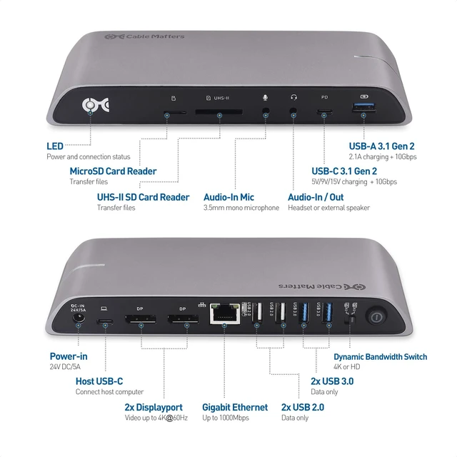 Alt view image 5 of 7 - Cable Matters USB C Dock for Windows, Dual 4K DisplayPort, 80W Charging | SD Card Slot, Gigabit Ethernet, 10Gbps USBA/USBC Ports, Compatible with Thunderbolt 4/USB4