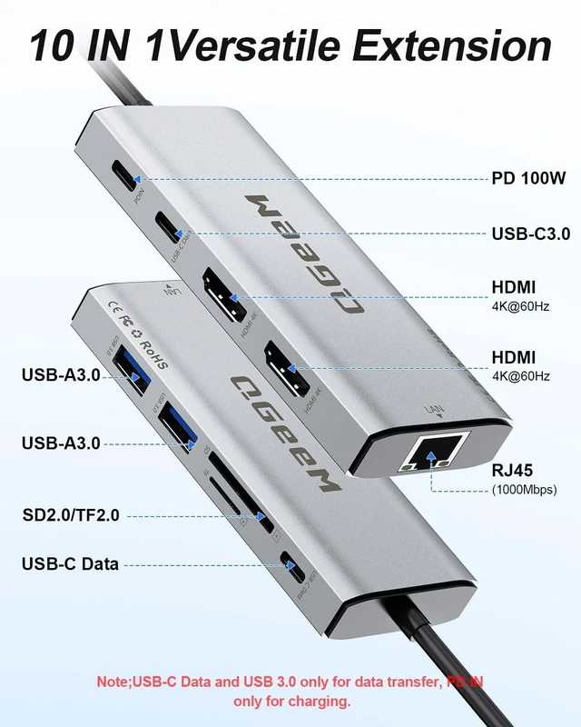 Alt view image 2 of 7 - USB C Docking Station Dual Monitor,10 in 1 USB C Hub with 2 HDMI | Dual 4K@60Hz, 100W PD, 5Gbps Data Ports, 1Gbps Ethernet, Card Reader, Laptop Dock for MacBook, Dell, Lenovo, XPS, HP and More