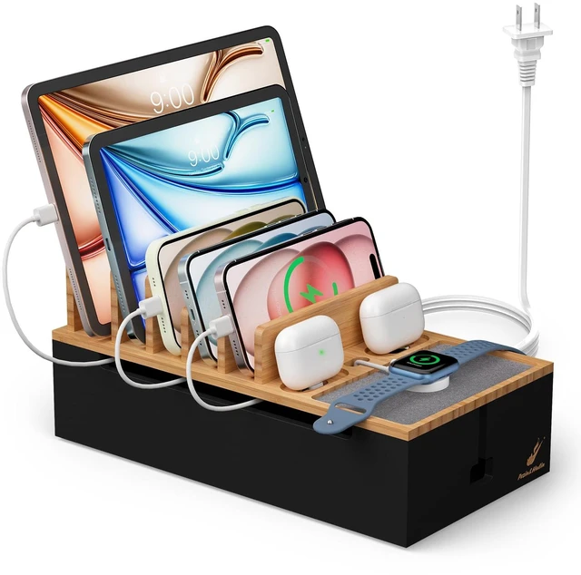 Main image of Pezin & Hulin Docking Station for Multi Devices -Natural + Black | Cable Management Box, with 5 Port Charge Adapter, 6 Cable, Wire Organizer for Cord, Box to Hide Cord and Storage Power Strip
