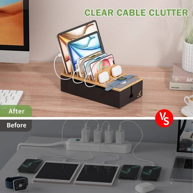 Alt view image 3 of 7 - Pezin & Hulin Docking Station for Multi Devices -Natural + Black | Cable Management Box, with 5 Port Charge Adapter, 6 Cable, Wire Organizer for Cord, Box to Hide Cord and Storage Power Strip