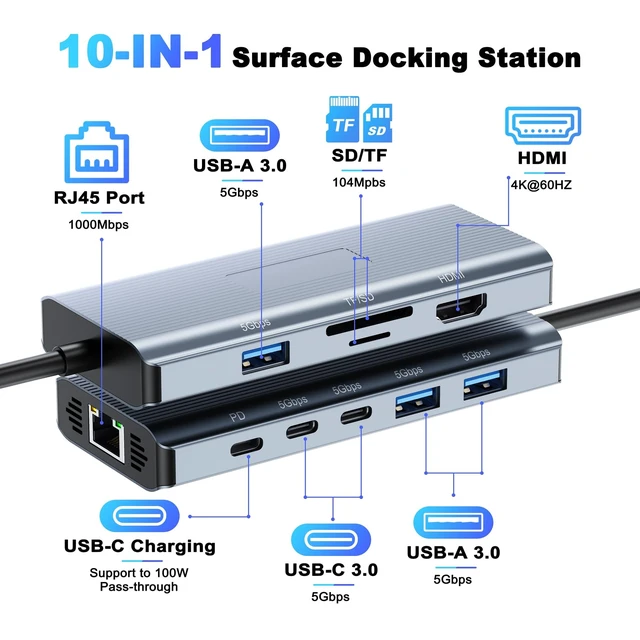 Alt view image 5 of 7 - 10 in 1 Microsoft Surface Docking Station-Surface Dock with HDMI Ethernet SD/TF Slot 3*USB 3.0+2*USB C 3.0+1*USB C PD,Docking Station for Surface Pro 11/10/9/8/X/7/6/5, Surface Laptop, Surface Book