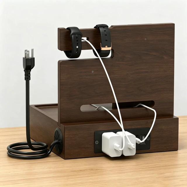 Alt view image 2 of 7 - Nightstand Organizer Wood Bedside Organizer Docking Station | with USB Ports and Outlets, Walnut, Gifts for Men, Nightstand Drawer Organizer for Cellphone, Watch, Sunglasses & Accessorie