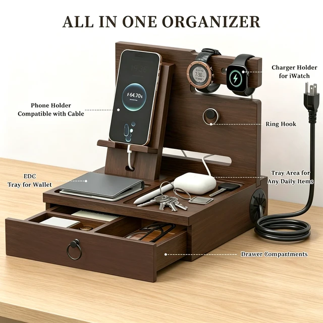 Alt view image 3 of 7 - Nightstand Organizer Wood Bedside Organizer Docking Station | with USB Ports and Outlets, Walnut, Gifts for Men, Nightstand Drawer Organizer for Cellphone, Watch, Sunglasses & Accessorie