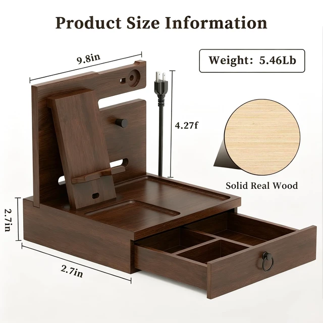 Alt view image 4 of 7 - Nightstand Organizer Wood Bedside Organizer Docking Station | with USB Ports and Outlets, Walnut, Gifts for Men, Nightstand Drawer Organizer for Cellphone, Watch, Sunglasses & Accessorie