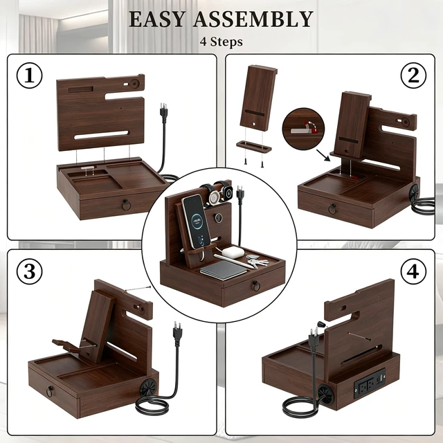 Alt view image 5 of 7 - Nightstand Organizer Wood Bedside Organizer Docking Station | with USB Ports and Outlets, Walnut, Gifts for Men, Nightstand Drawer Organizer for Cellphone, Watch, Sunglasses & Accessorie