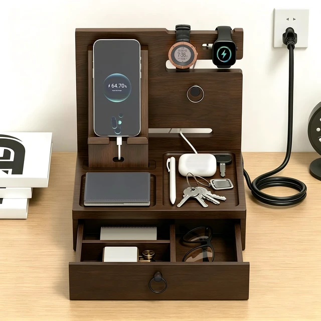Alt view image 6 of 7 - Nightstand Organizer Wood Bedside Organizer Docking Station | with USB Ports and Outlets, Walnut, Gifts for Men, Nightstand Drawer Organizer for Cellphone, Watch, Sunglasses & Accessorie