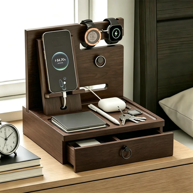 Alt view image 7 of 7 - Nightstand Organizer Wood Bedside Organizer Docking Station | with USB Ports and Outlets, Walnut, Gifts for Men, Nightstand Drawer Organizer for Cellphone, Watch, Sunglasses & Accessorie