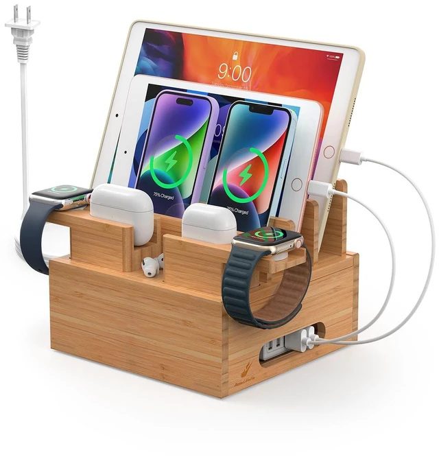 Main image of Pezin & Hulin Bamboo Phone Charging Station with 5-Port Charger & 5 Cables | Desktop Docking Station with 2 Watch & Earbuds Holders for Multiple Devices, Desk Organiser for Phone, Watch & Earbuds