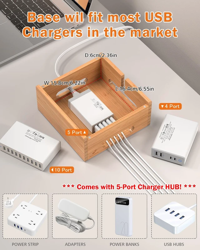 Alt view image 6 of 7 - Pezin & Hulin Bamboo Phone Charging Station with 5-Port Charger & 5 Cables | Desktop Docking Station with 2 Watch & Earbuds Holders for Multiple Devices, Desk Organiser for Phone, Watch & Earbuds