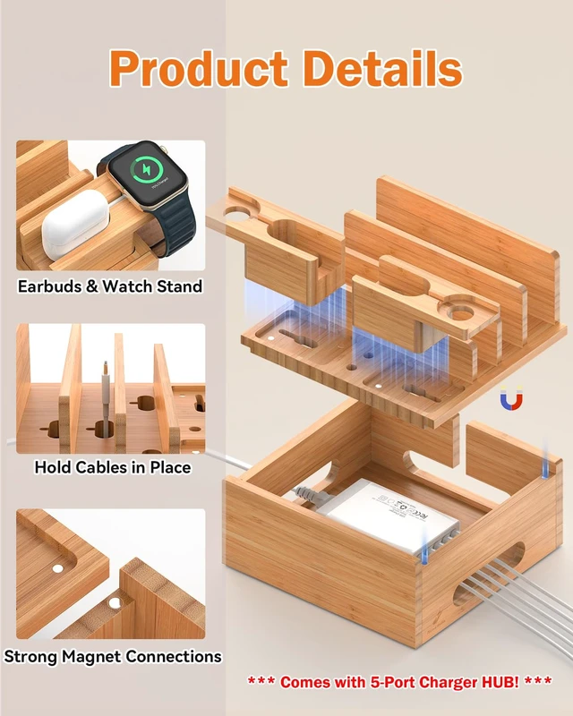 Alt view image 5 of 7 - Pezin & Hulin Bamboo Phone Charging Station with 5-Port Charger & 5 Cables | Desktop Docking Station with 2 Watch & Earbuds Holders for Multiple Devices, Desk Organiser for Phone, Watch & Earbuds