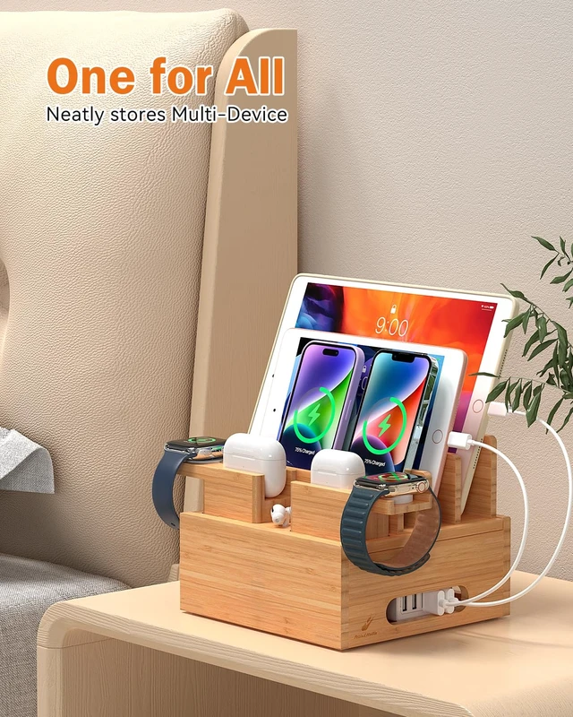 Alt view image 4 of 7 - Pezin & Hulin Bamboo Phone Charging Station with 5-Port Charger & 5 Cables | Desktop Docking Station with 2 Watch & Earbuds Holders for Multiple Devices, Desk Organiser for Phone, Watch & Earbuds