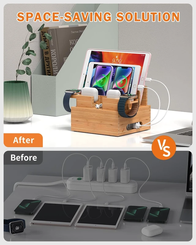 Alt view image 7 of 7 - Pezin & Hulin Bamboo Phone Charging Station with 5-Port Charger & 5 Cables | Desktop Docking Station with 2 Watch & Earbuds Holders for Multiple Devices, Desk Organiser for Phone, Watch & Earbuds
