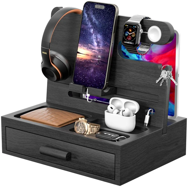 Main image of melafa365 Nightstand Organizer for Men,Phone Docking Station with Cable Management,Night Stand with Drawer,Bedside Organizer for Watches,Keys,Wallets,Gifts for MenBlack