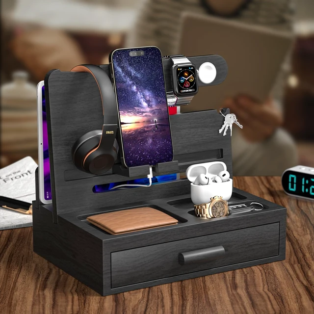 Alt view image 2 of 7 - melafa365 Nightstand Organizer for Men,Phone Docking Station with Cable Management,Night Stand with Drawer,Bedside Organizer for Watches,Keys,Wallets,Gifts for MenBlack