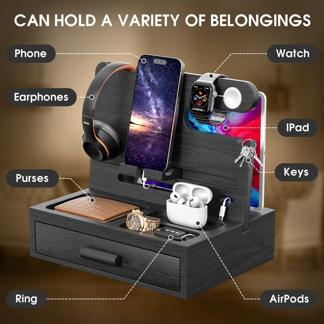 Alt view image 3 of 7 - melafa365 Nightstand Organizer for Men,Phone Docking Station with Cable Management,Night Stand with Drawer,Bedside Organizer for Watches,Keys,Wallets,Gifts for MenBlack