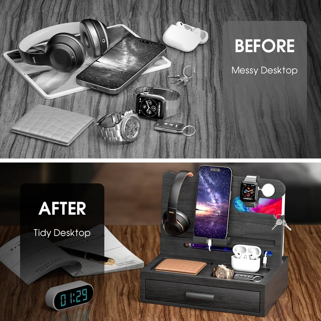 Alt view image 5 of 7 - melafa365 Nightstand Organizer for Men,Phone Docking Station with Cable Management,Night Stand with Drawer,Bedside Organizer for Watches,Keys,Wallets,Gifts for MenBlack