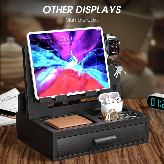 Alt view image 6 of 7 - melafa365 Nightstand Organizer for Men,Phone Docking Station with Cable Management,Night Stand with Drawer,Bedside Organizer for Watches,Keys,Wallets,Gifts for MenBlack