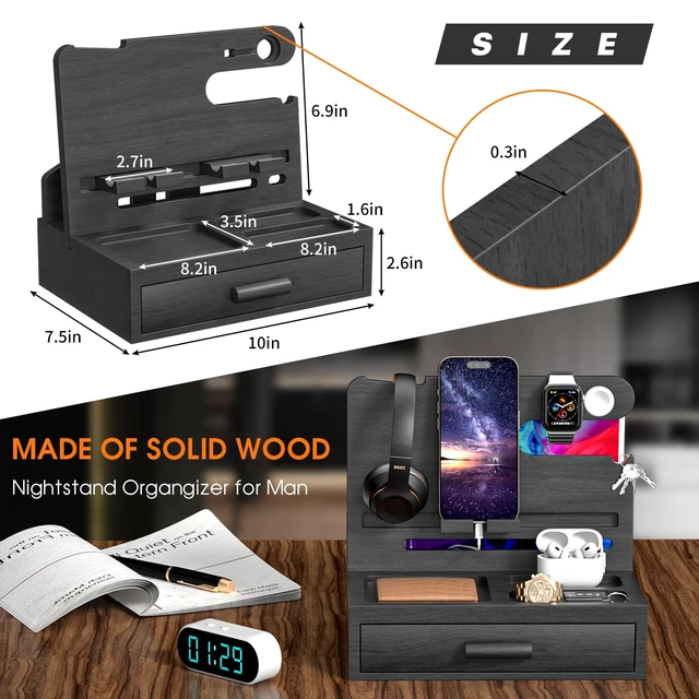 Alt view image 7 of 7 - melafa365 Nightstand Organizer for Men,Phone Docking Station with Cable Management,Night Stand with Drawer,Bedside Organizer for Watches,Keys,Wallets,Gifts for MenBlack