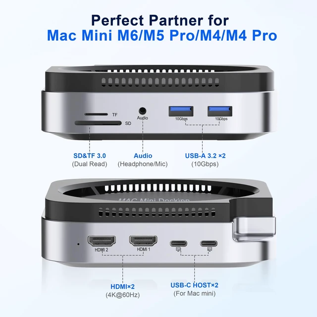 Alt view image 2 of 7 - Mac Mini M4 Dock, Stand & Hub with M.2 SSD Enclosure for M6/M5 Pro/M4 Pro | Dual Monitor Docking Station for Mac Mini M4/M4-M6 Pro, 2X HDMI 4K@60Hz, SD/TF 3.0, 2X USB-C, 2X USB-A 10Gbps, 3.5mm Audio
