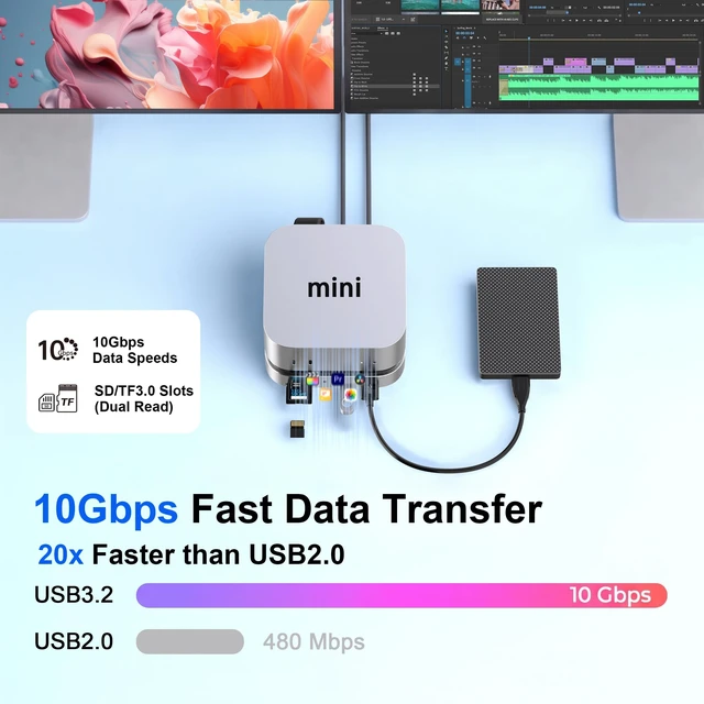 Alt view image 4 of 7 - Mac Mini M4 Dock, Stand & Hub with M.2 SSD Enclosure for M6/M5 Pro/M4 Pro | Dual Monitor Docking Station for Mac Mini M4/M4-M6 Pro, 2X HDMI 4K@60Hz, SD/TF 3.0, 2X USB-C, 2X USB-A 10Gbps, 3.5mm Audio