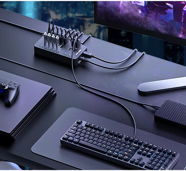 Alt view image 4 of 7 - Powered USB Hub, 14 Ports USB 3.0 Hub Splitter (4 Quick Charge Ports) Comes with 60W Power Adapter and Individually Switched LEDs for Mac & PC