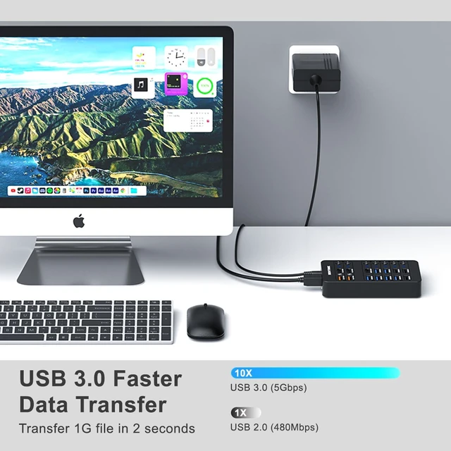 Alt view image 5 of 7 - Powered USB Hub, 14 Ports USB 3.0 Hub Splitter (4 Quick Charge Ports) Comes with 60W Power Adapter and Individually Switched LEDs for Mac & PC