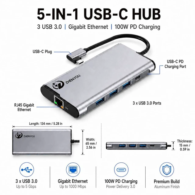 Alt view image 2 of 6 - 5 in 1 USB-C to Ethernet Adapter with 3 USB 3.0 Ports 5Gbps, Gigabit Ethernet, 100W PD Charging, Aluminum Multiport Docking Station for MacBook, iPad, Laptop, Desktop,Android Phone, Tablet