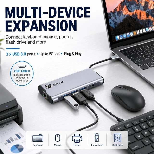 Alt view image 4 of 6 - 5 in 1 USB-C to Ethernet Adapter with 3 USB 3.0 Ports 5Gbps, Gigabit Ethernet, 100W PD Charging, Aluminum Multiport Docking Station for MacBook, iPad, Laptop, Desktop,Android Phone, Tablet