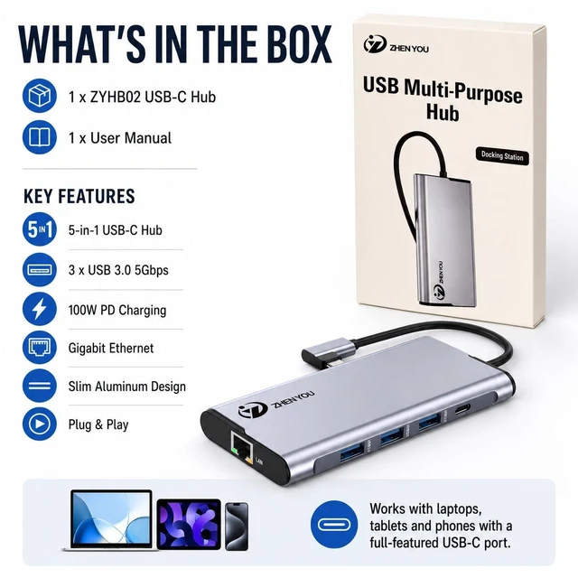 Alt view image 5 of 6 - 5 in 1 USB-C to Ethernet Adapter with 3 USB 3.0 Ports 5Gbps, Gigabit Ethernet, 100W PD Charging, Aluminum Multiport Docking Station for MacBook, iPad, Laptop, Desktop,Android Phone, Tablet
