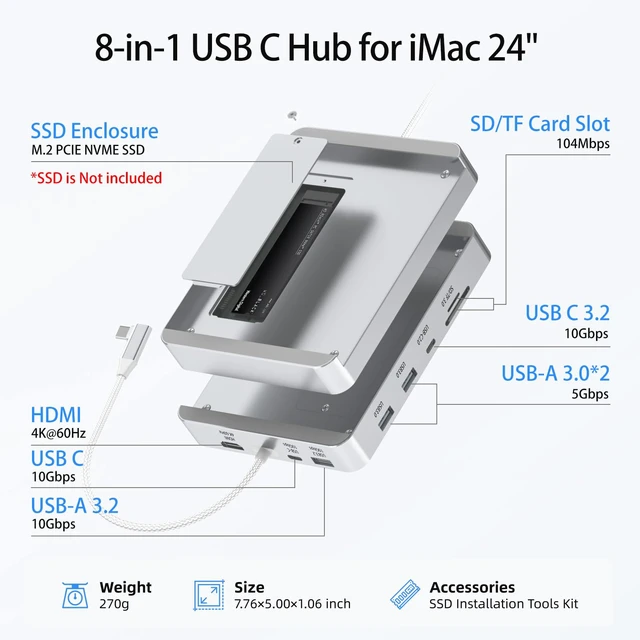 Alt view image 2 of 7 - 8-in-1 USB-C Hub for 24 iMac M1/M3/M4, 10Gbps, HDMI, SD/TF, M.2 NVMe SSD | iMac hub for 24 iMac, 10Gbps USB-C/A, 4K HDMI, SD/TF,iMac docking station with M.2 NVMe SSD expansion up to 4TB