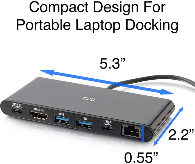 Alt view image 2 of 7 - C2G Docking Station, USB C Docking Station, 4K Docking Station, MacBook USB C Hub, USB C Adapter for MacBook Pro & Air - Compatible with USB-C & Thunderbolt 3 Laptops, Black, Cables to Go 28845