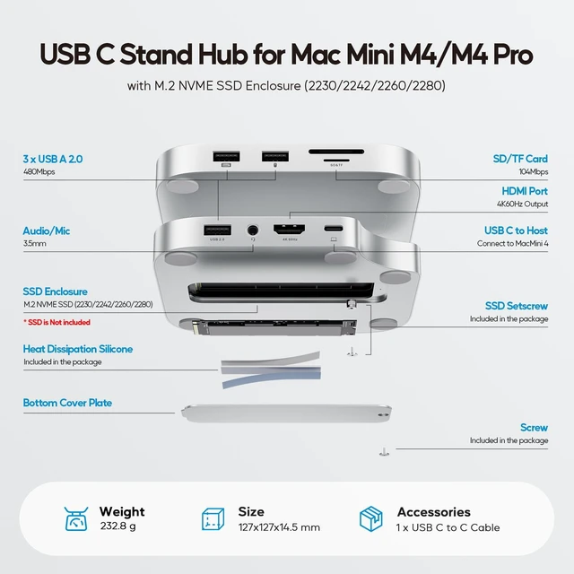 Alt view image 2 of 7 - Mac mini M6, M5 Pro, M4/ M4 Pro Hub & Dock with HDMI 4K & 8TB M.2 SSD Case | PULWTOP Aluminum USB C Hub Stand for Mac mini M5, M4 Mac mini Accessories with 3 USB A, SD/TF, Audio, No wifi issues