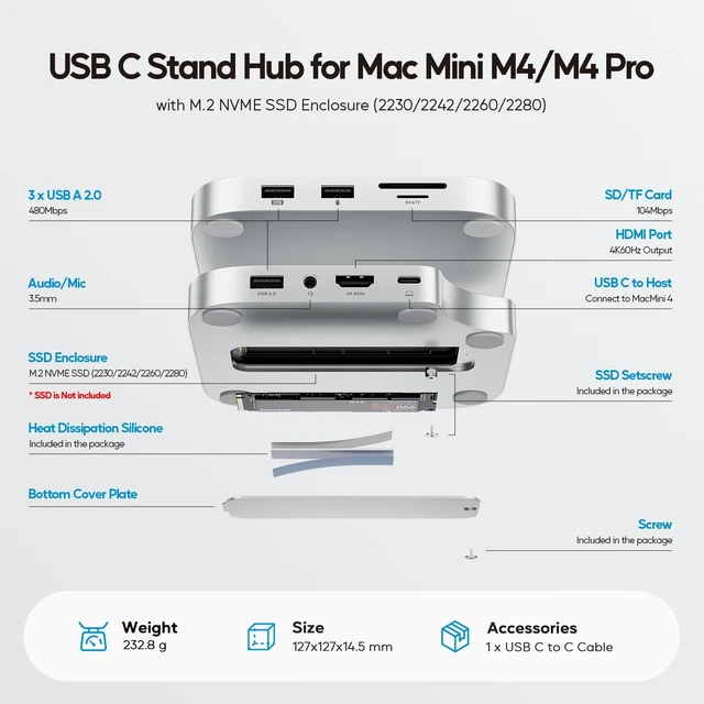 Alt view image 3 of 7 - Mac mini M6, M5 Pro, M4/ M4 Pro Hub & Dock with HDMI 4K & 8TB M.2 SSD Case | PULWTOP Aluminum USB C Hub Stand for Mac mini M5, M4 Mac mini Accessories with 3 USB A, SD/TF, Audio, No wifi issues
