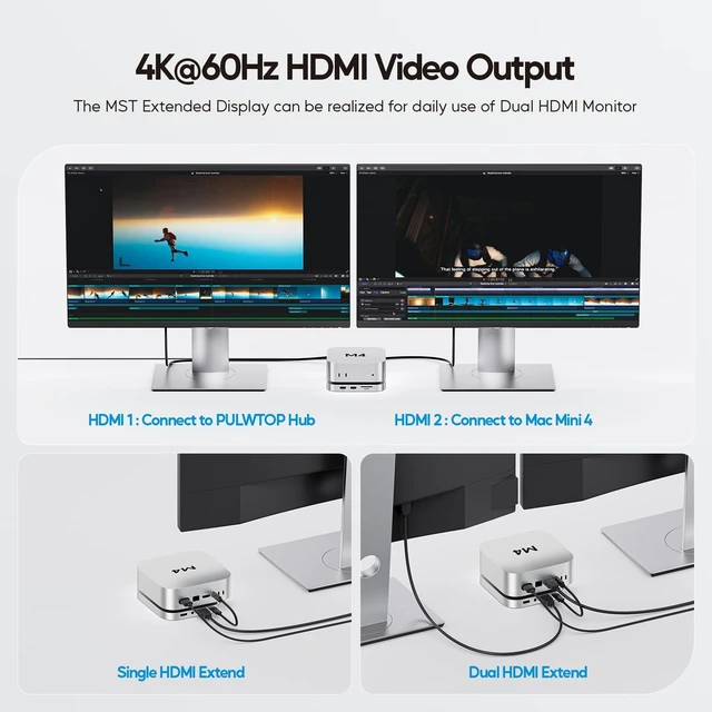 Alt view image 4 of 7 - Mac mini M6, M5 Pro, M4/ M4 Pro Hub & Dock with HDMI 4K & 8TB M.2 SSD Case | PULWTOP Aluminum USB C Hub Stand for Mac mini M5, M4 Mac mini Accessories with 3 USB A, SD/TF, Audio, No wifi issues