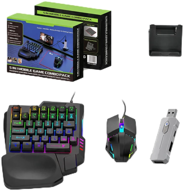 Main image of Zunate Half Hand Gaming Keyboard and Combo, Half Hand Gaming Keyboard Set, 4 in 1 Mobile Gaming Keyboard Set with Converter, Adjustable Phone Stand for PC