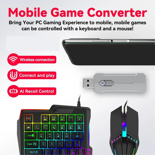 Alt view image 5 of 7 - Zunate Half Hand Gaming Keyboard and Combo, Half Hand Gaming Keyboard Set, 4 in 1 Mobile Gaming Keyboard Set with Converter, Adjustable Phone Stand for PC