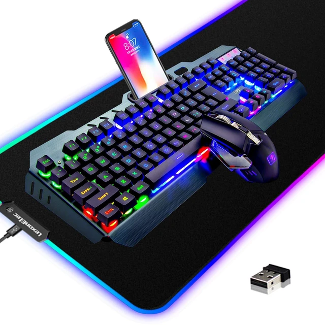 Main image of Wireless Gaming Keyboard and Mouse Combo,3 in 1 Rainbow LED Rechargeable Keyboard Mouse with 3800mAh Battery Metal Panel,10 Colors RGB Gaming Mouse Pad (32.5x12x0.15 inch),7 Colors Mute Gaming Mouse
