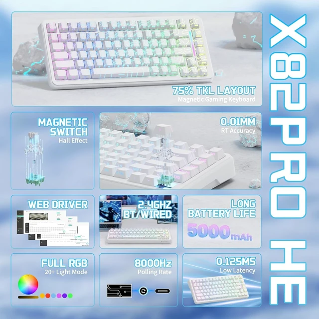 Alt view image 2 of 7 - X82PRO HE Wireless RT Mechanical Gaming Keyboard-White Contour | 8K Polling,0.01mm Accuracy,Tri Mode-2.4G/Wired/BT,Hall Effect Magnetic Switch,Top Mounted,5000mAh Battery for FPS Win PC Mac