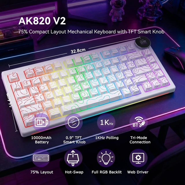 Alt view image 2 of 7 - AK820 V2 75% Mechanical Keyboard, Tri-Mode, 10000mAh Battery, Gasket Mount | (2.4G Wireless/Bluetooth/Wired), 0.9 TFT Smart Display Knob, Hot-Swappable, RGB Backlit, Mac/Windows White Contour Keycaps