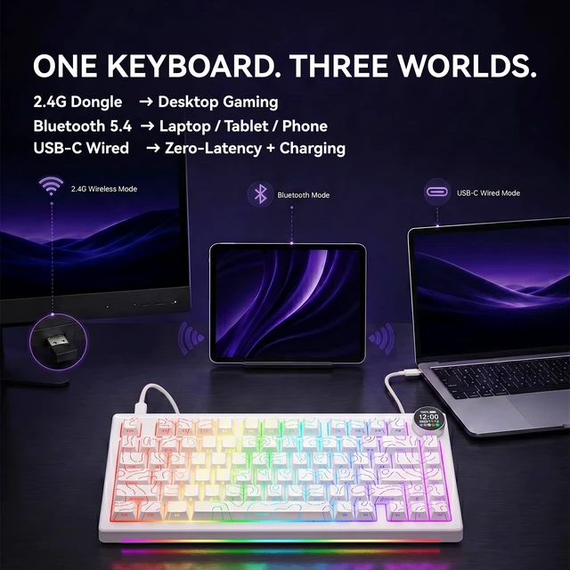 Alt view image 5 of 7 - AK820 V2 75% Mechanical Keyboard, Tri-Mode, 10000mAh Battery, Gasket Mount | (2.4G Wireless/Bluetooth/Wired), 0.9 TFT Smart Display Knob, Hot-Swappable, RGB Backlit, Mac/Windows White Contour Keycaps