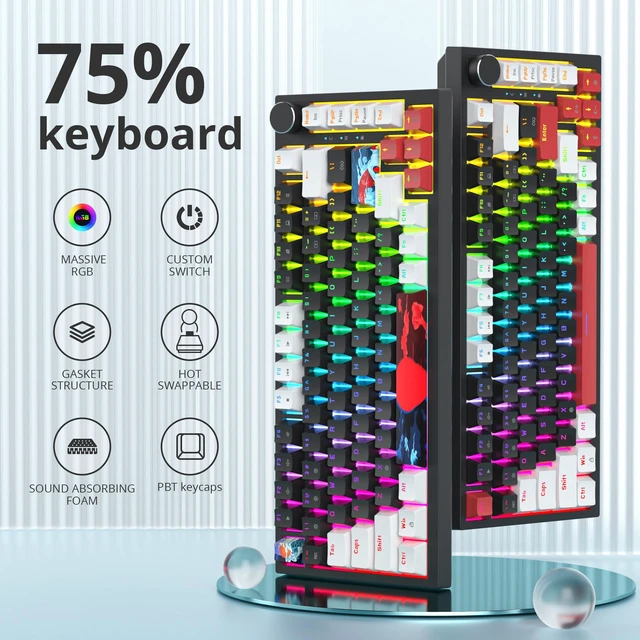 Alt view image 2 of 6 - Guffercty kred 75% Gasket Mounted Gaming Keyboard Hot Swappable, 82 Key RGB Backlit Wired TKL Mechanical Keyboard with Knob & Programmable Macros, Custom Linear Switch for MAC Win (82 Black)