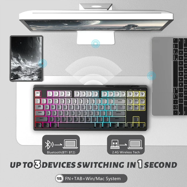 Alt view image 3 of 7 - ATTACK SHARK M87 80% Wireless Gaming Keyboard,87 Keys Rainbow Lights TKL Mechanical Feeling SA PBT Keyboard for Mac/Win, Bluetooth 5.0/2.4Ghz Dual Mode Pc Keyboards for Office/Gaming Moonlight