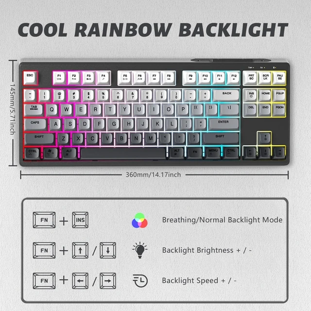 Alt view image 5 of 7 - ATTACK SHARK M87 80% Wireless Gaming Keyboard,87 Keys Rainbow Lights TKL Mechanical Feeling SA PBT Keyboard for Mac/Win, Bluetooth 5.0/2.4Ghz Dual Mode Pc Keyboards for Office/Gaming Moonlight