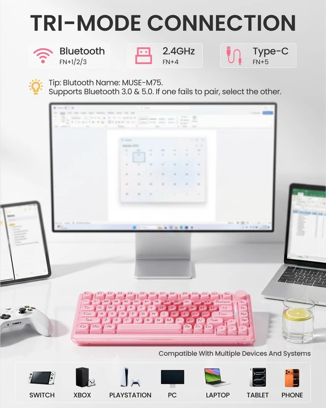 Alt view image 2 of 7 - EWEADN M75 75% Wireless Mechanical Gaming Keyboard RGB Backlit, Media Knob | Gasket Mount, Hot Swappable Linear Switches, Creamy Keyboard, 2.4GHz/USB-C/Bluetooth 5.0, for Win/Mac, Jelly Keycaps, Pink