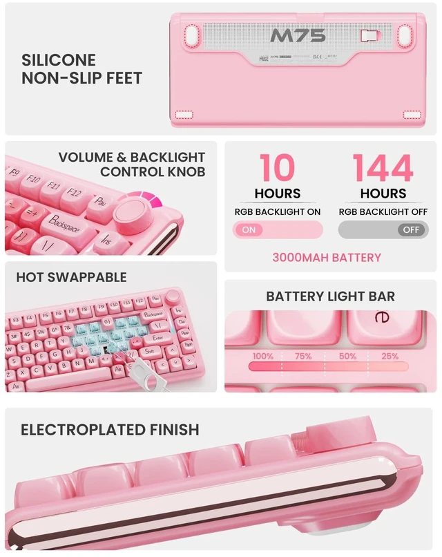 Alt view image 5 of 7 - EWEADN M75 75% Wireless Mechanical Gaming Keyboard RGB Backlit, Media Knob | Gasket Mount, Hot Swappable Linear Switches, Creamy Keyboard, 2.4GHz/USB-C/Bluetooth 5.0, for Win/Mac, Jelly Keycaps, Pink