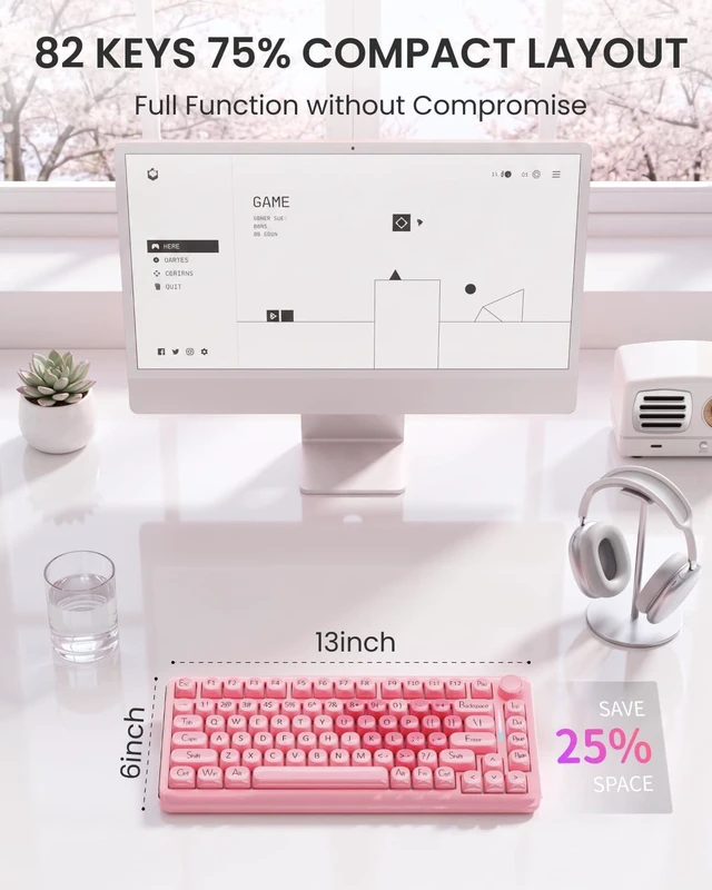 Alt view image 7 of 7 - EWEADN M75 75% Wireless Mechanical Gaming Keyboard RGB Backlit, Media Knob | Gasket Mount, Hot Swappable Linear Switches, Creamy Keyboard, 2.4GHz/USB-C/Bluetooth 5.0, for Win/Mac, Jelly Keycaps, Pink