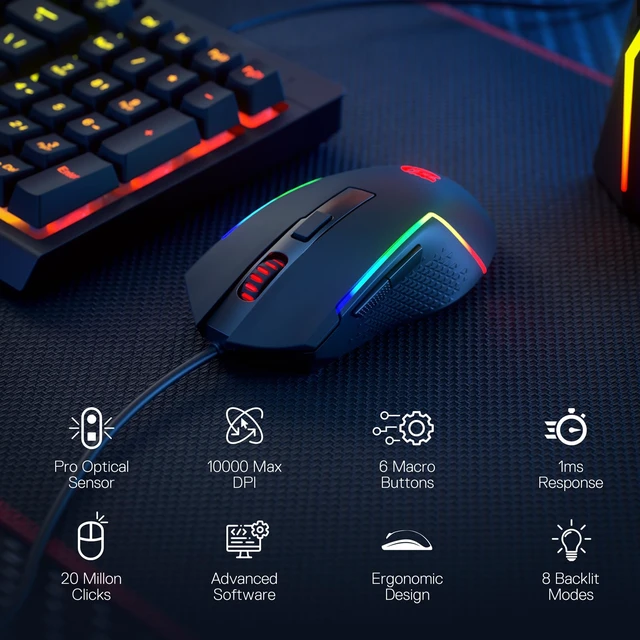 Alt view image 3 of 7 - Redragon S141 Combo, K515 Membrane Gaming Keyboard + M616 10000 DPI Mouse | 4 On-the-Fly Combos, Mechanical-Feel Linear Quiet Typing, 6-Button Precision Control, Detachable Wrist Rest, PRO Software